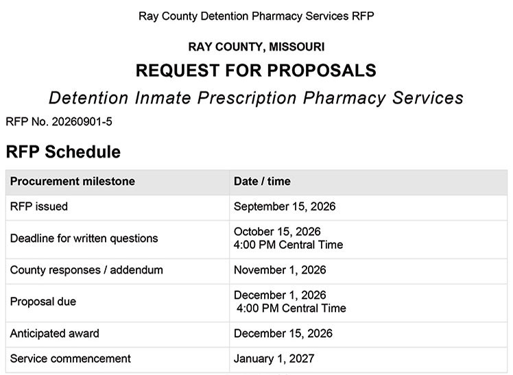 Ray County, MO Detention Pharmacy Services Request for Proposal